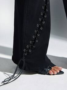 Denimoi Low Rise Lace Up Cut Out Washed Boot Cut Denim Jeans - Black - View 7