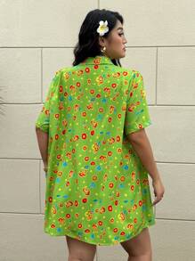 Flirla Plus Size Women's Tropical Print Green Flap Detail Short Sleeve Button Up Shirt - Green - View 4