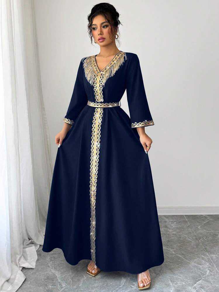 Elenzga Damen elegantes Fransen- & Pailletten-Patchwork-Kleid - marineblau - Übersicht 4