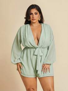 SHEIN BAE 加大码纯色低胸灯笼袖系带连体衣