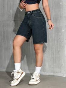 SHEIN PETITE Women's Casual Versatile Bermuda Denim Shorts With Pockets Y2k - Blue - View 3