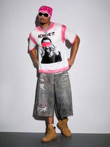 ROMWE MEN Street Life Men's Y2K Loose Fit Spray Painted Graphic Letter & Figure Print Short Sleeve T-Shirt - White - View 2