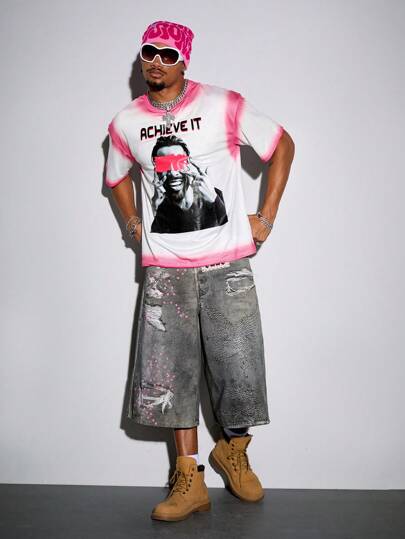 Street Life T-shirt à manches courtes ample pour hommes avec imprimé graphique de lettres et de chiffres peints au pistolet