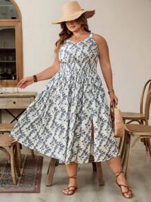 SHEIN CURVE+ Vestido camisola de verano para mujer talla grande con cintura ceñida y estampado de flores diminutas, atuendo perfecto para vacaciones en la playa, graduación, fiesta del té o vacaciones campestres y en la playa.