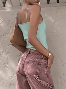 INAWLY 女式纯色夏季褶皱修身短款背心 - 薄荷綠 - 查看 3