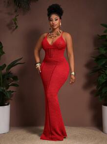 Slaydiva 2025 Spring & Summer New Boho Holiday Casual Party Khaki Knitted Cinched Waist Hollow Sheer Cami Dress, Plus Size Winter Fall Autumn