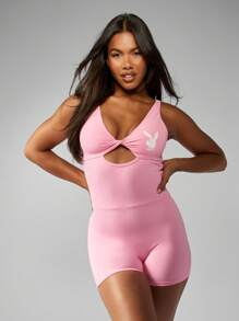 Missguided x Playboy Performance Unitard Shorts Bodysuit Athletic Sports Training Dance Competition Workout Activewear Cross Front Keyhole Design - Pink - View 1