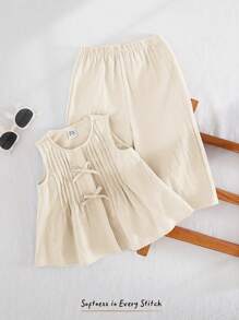 Cozy Pixies 2 pièces/Set Top sans manches à col ras-du-cou avec décoration nœud et pantalon à taille élastique pour bébé fille