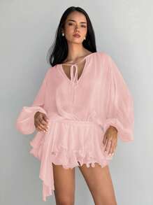 Aloruh Women's Glitter Lantern Sleeve Loose Drawstring Ruched Multi-Layered Ruffle Hem Mini Romantic Fairy Chiffon Dress