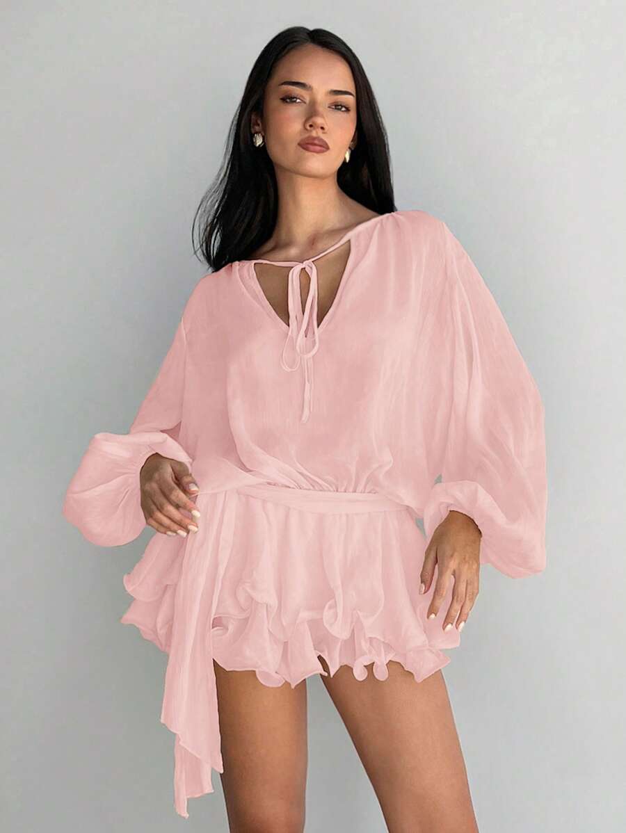 Aloruh Women's Glitter Lantern Sleeve Loose Drawstring Ruched Multi-Layered Ruffle Hem Mini Romantic Fairy Chiffon Dress