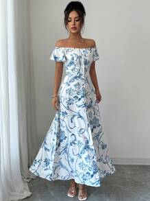 Elenzga Ladies Elegant Print Summer Collar Off The Shoulder Dress - Blue - View 5