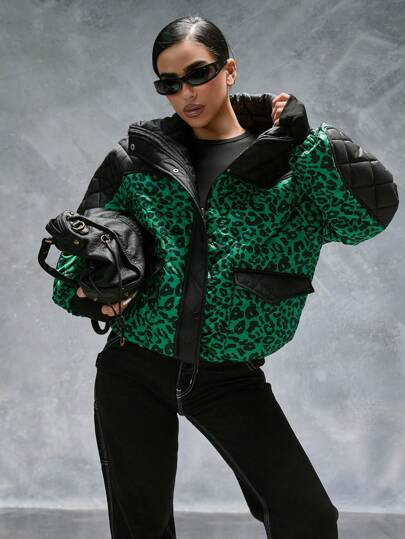 CasuGlow Women Quilted Leopard Printed Matched Winter Coat Black Color With Button And Belt Detailed,Coats,Jacket