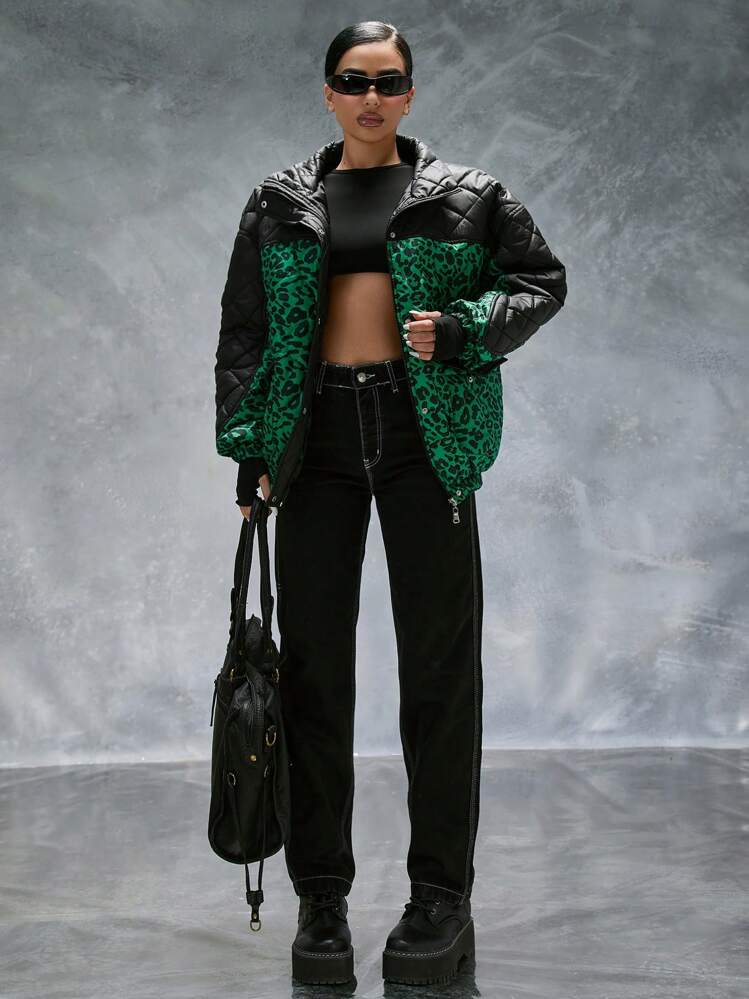 CasuGlow Abrigo de invierno a juego con estampado de leopardo acolchado para mujer, color negro, con detalles de botones y cinturón - Multicolor - Ver 6