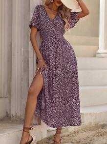 EMERY ROSE Vacation Casual Ditsy Floral Side Slit Dress - Maroon - View 6