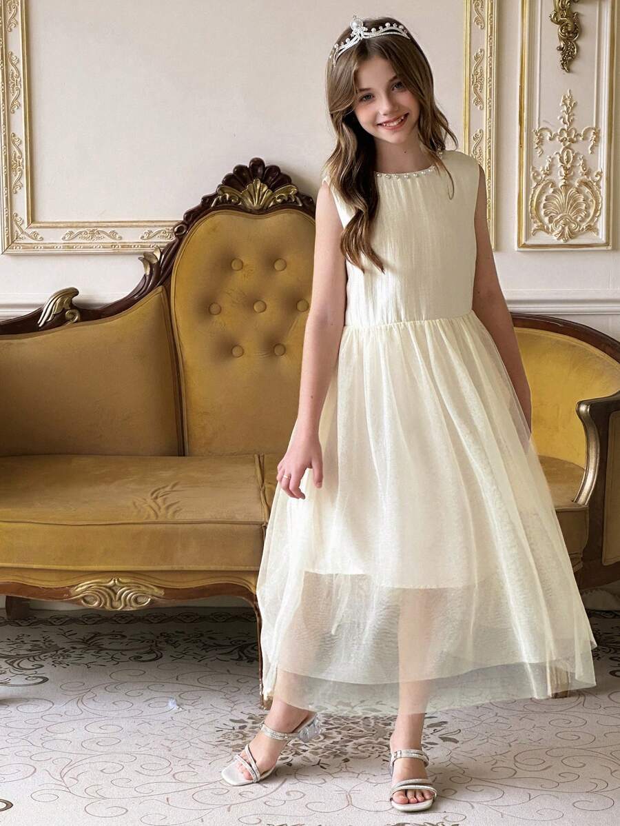 DAZY Tween Girls' Beaded Mesh Dress - Apricot - View 1