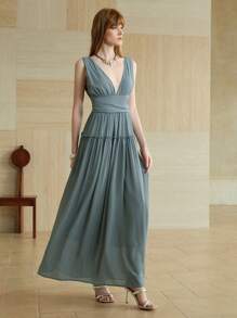 SHEIN LUNE Women's Chiffon Elegant V-Neck Ruched Waist With Slit Blue Maxi Dress, Suitable For Work And Vacation,Casual Dresses For Woman,Vacation Dress,Wedding Guest Dress Women,Graduation Dresses For Women,Dresses For Women Elegant,Modest Dresses For Women,Summer Dresses For Women,Wedding Guest Dress Women,Casual Dresses For Woman,Wedding Guest Dress Women,Flowy Dress