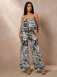 Vixey 印花亚麻露肩飘逸度假上衣 - 黑與白 - 查看 4