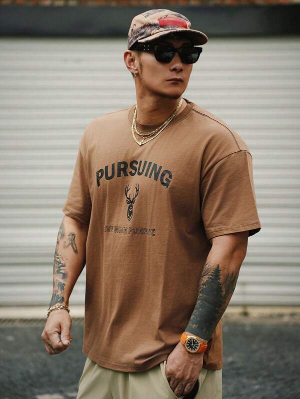 DAZY Men's Brown T-Shirt With Letter & Deer Antler Print, Summer