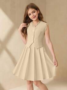 SHEIN Conjunto de 2 peças para meninas adolescentes, blusa elegante bordada com decote em V, sem mangas e bainha assimétrica, combinada com saia plissada de cintura alta e cor lisa - Damasco - Ver 5