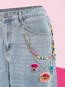 THE POWERPUFF GIRLS X SHEIN 粉色牛仔风格花朵、泡泡、毛茛图案串珠裤链 - 粉色 - 查看 2