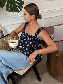 SHEIN Frenchy 女士度假印花编织提花后系带荷叶边下摆背心，夏季度假露背欧洲夏季露背上衣，碎花图案狂欢上衣狂欢伊比沙岛海滩可爱外出上衣生日度假 - 黑與白 - 查看 3