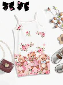 SHEIN Vestido de tirantes ajustado con estampado floral y de ositos, de color rosa, ideal para el verano, para bebé niña - Multicolor - Ver 2