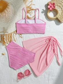 SHEIN 青少年女孩纹理面料度假休闲泳衣套装，带丝带装饰的泳衣适合冲浪、度假、海岸穿着 - 粉色 - 查看 2