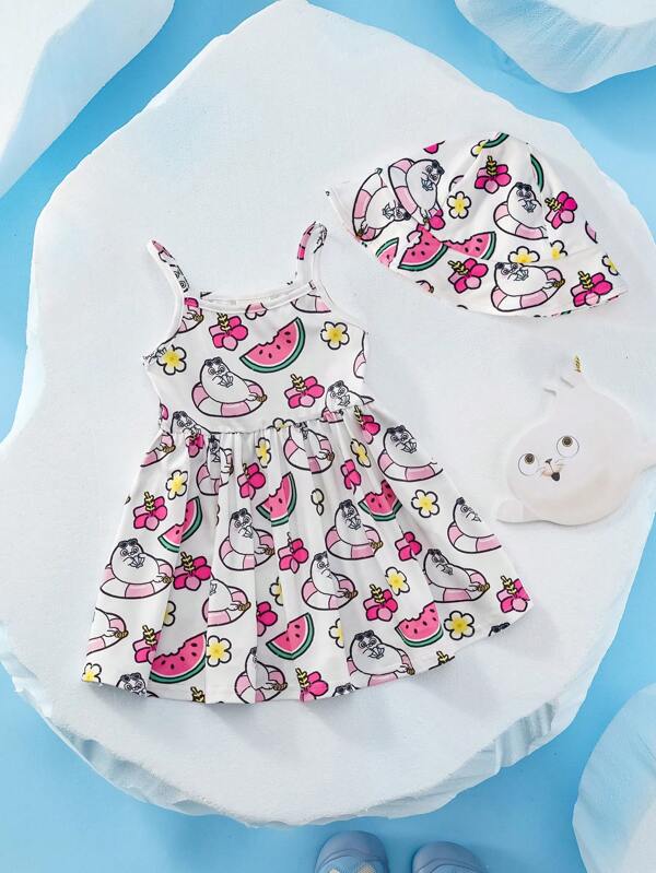 SEALOOK X SHEIN Baby Girl Cartoon Seal, Watermelon & Flower Decorated Beach Sleeveless Dress & Sun Hat Set, Summer