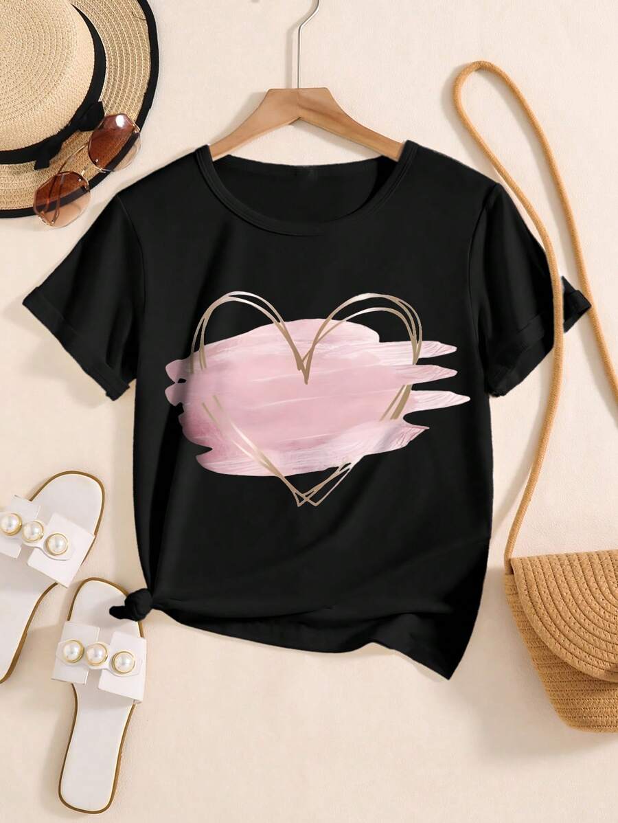 Sparklyn 少女爱心印花圆领短袖休闲T恤，夏季 - 黑色 - 查看 1