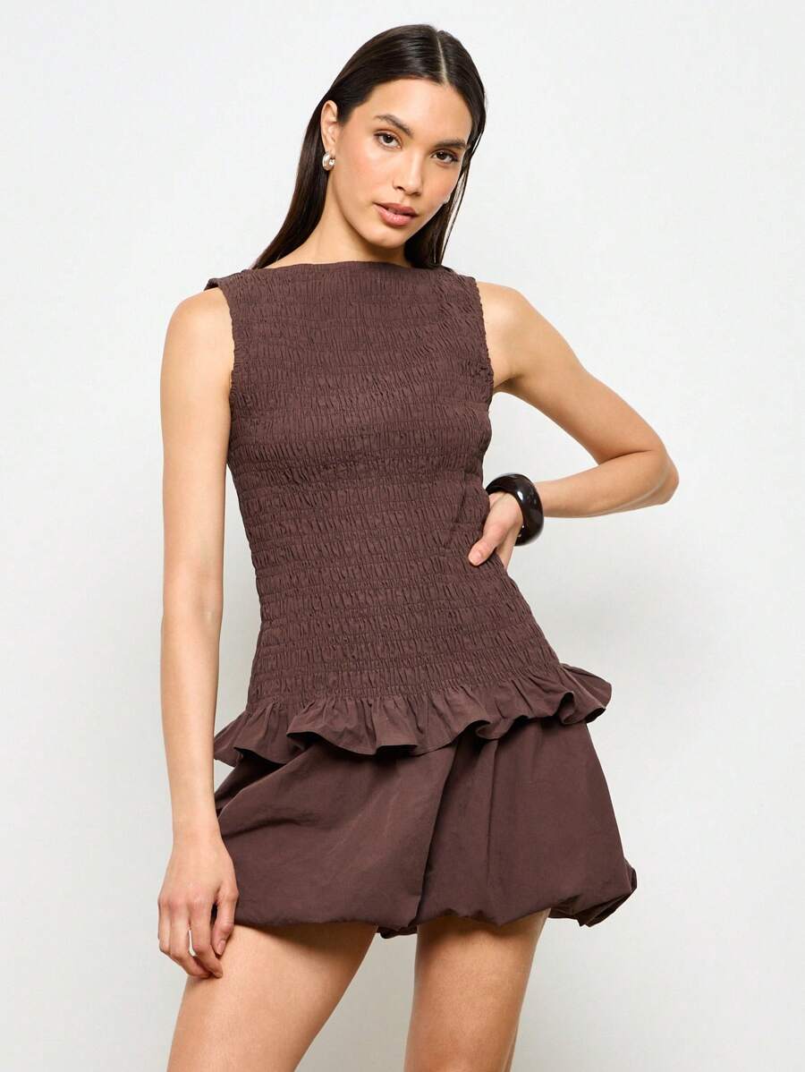 AiiRZ Smocked Tank Top Sleeveless Ruffle Peplum Summer Top Bubble Skirt Design Textured Smocked Bodice Evening Party Club Fashion