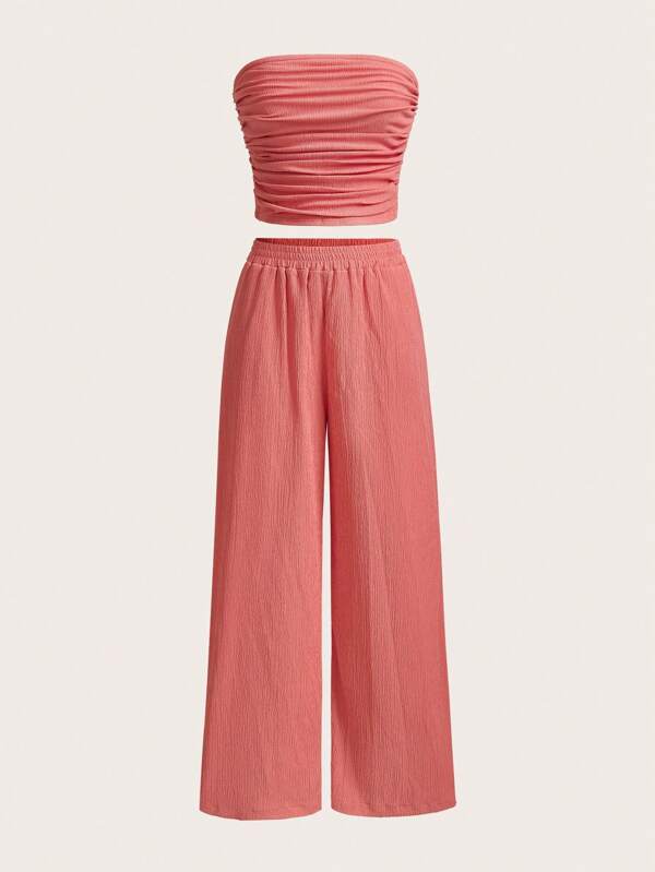 SHEIN EZwear 2 pièces/set Top bandeau froncé orange corail et pantalon décontractés d'été pour femmes