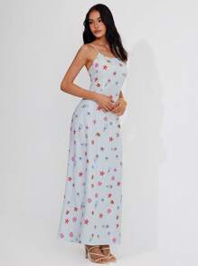 Roylia Women's Maxi Dress With Striped, Seashell, Starfish, Drifting Bottle Prints, Multicolor, Fitted, Square Neck, Spaghetti Straps, Backless, Waist Cinched, Extra-Wide Hem, Suitable For Vacation, Festival, Sexy, Elegant, Romantic, Minimalist, Casual, Commuter, Bohemian Holiday Style, Spring/Summer - Blue - View 6