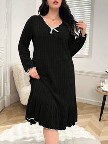 Plus Size Bow Decor V Neck Ruffle Trim Cozy Knit Sleep Dress, Outfit, Fall & Winter - Black - View 3
