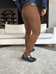 Calvornis 男士休闲纯色修身斜口袋西装裤，不含腰带男士裤子男士休闲裤男士棕色裤子 - 鏽棕色 - 查看 2