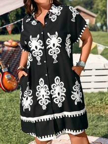 EMERY ROSE Plus Size Raglan Sleeve Casual Open Front Collar Curved Hem Ladies Dress With Pockets, Unique Linen Blend Music Festival Boho Print, Suitable For Spring/Summer Country Music Music Festival Bohemian Vacation Dresses Casual - Black and White - View 7