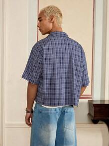 SWAVVY Standard Fit Men's Casual Loose Box-Type Check Plaid Button Up Shirt With English Embroidery, Blue And Purple - Purple - View 2