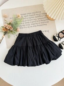 Young Girl Woven Solid Color Gathered Waist Casual Culotte Pants - Black - View 4