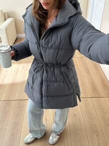 EURMUSE Premium Quality, Side Popper Detailed Puffer Wintercoat Winter Everyday Going Out Dark Grey Casual - Grey - View 2