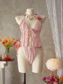 SHEIN Swim 女士纹理面料结饰前细肩带露背吊带背心和比基尼泳装，海滩度假风格 - 粉色 - 查看 4