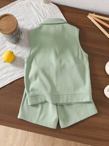 SHEIN Set 3 buc ținută pentru băiat tânăr - tricou cu mânecă scurtă cu umăr alb, vestă verde utilitare, aspect elegant și practic