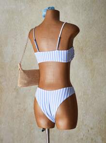 SHEIN ICON 女士夏季沙滩金属环装饰条纹比基尼套装 - 藍白色 - 查看 2
