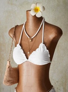 SHEIN ICON Women's White Knitted Bikini Set With Spaghetti Straps And Tie Back Detailing For A Chic Beach Look - White - View 4