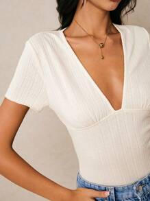 Poéselle Camiseta de manga corta de verano, elegante y entallada, con cuello en V profundo de unicolor para mujer