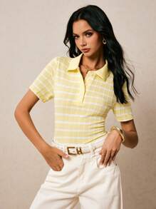 Poéselle 女式夏季条纹短袖 Polo 领休闲 T 恤 - 黃色 - 查看 3