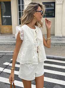 Serisse 2件套女士度假休闲提花系带上衣和短裤套装 - 杏色 - 查看 7