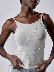 Lumivelle Fashion Rhinestone Decor V-Neck Sleeveless Knitted Top