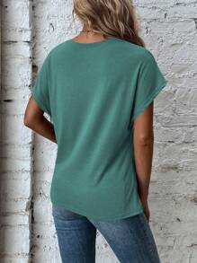 SHEIN LUNE Women's Solid Color Casual Twisted Crew Neck Short Sleeve T-Shirt - Green - View 2