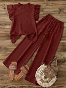 SHEIN Clasi 女式休闲蓝色不对称荷叶边盖袖衬衫 + 女式休闲蓝色松紧腰侧袋直筒九分裤，春夏 - 亮橙色 - 查看 2