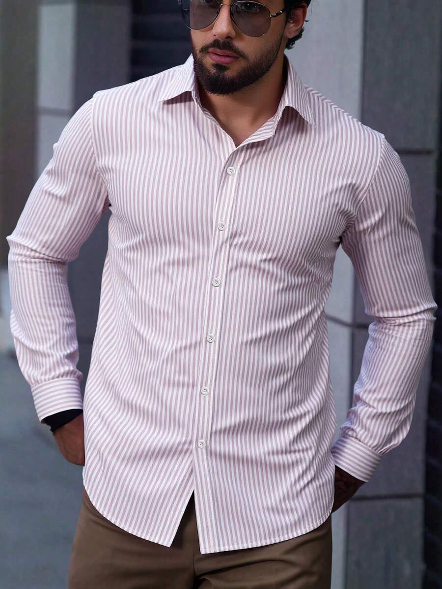 Manfinity Mode 男士条纹印花纽扣前长袖休闲衬衫，春秋 - 彩色 - 查看 1