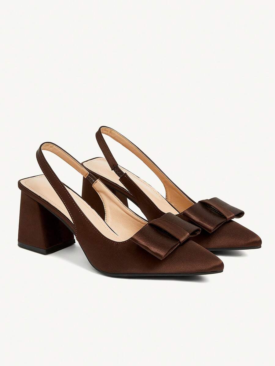 CUCCOO CHICEST 女士优雅方头粗跟一脚蹬高跟鞋，带蝴蝶结装饰，巧克力棕色，适合工作、约会、下午茶，百搭衣橱必备